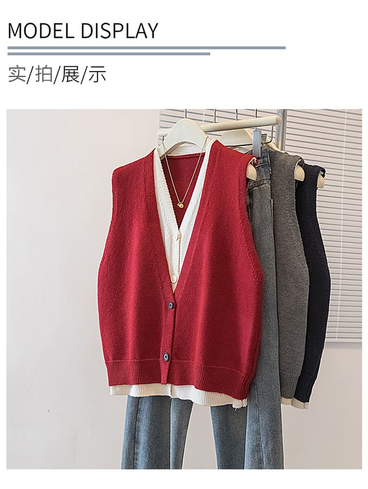 실사 빅 사이즈 여성 의류 가을 새로운 한 부서 페이크 레이어드 루즈핏 외부 가져 가라. 디자인 센스 외출용 털 니트 스웨터 베스트 상세 이미지 8
