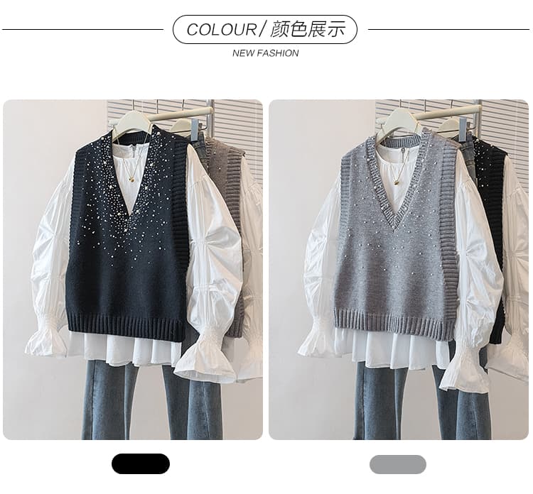 실사 빅 사이즈 여성 의류 가을 겨울 새로운 한 부서 무거운 작업 비즈 박기 핫픽스 니트 베스트 조끼 외출용 스웨터 맨위 상세 이미지 7
