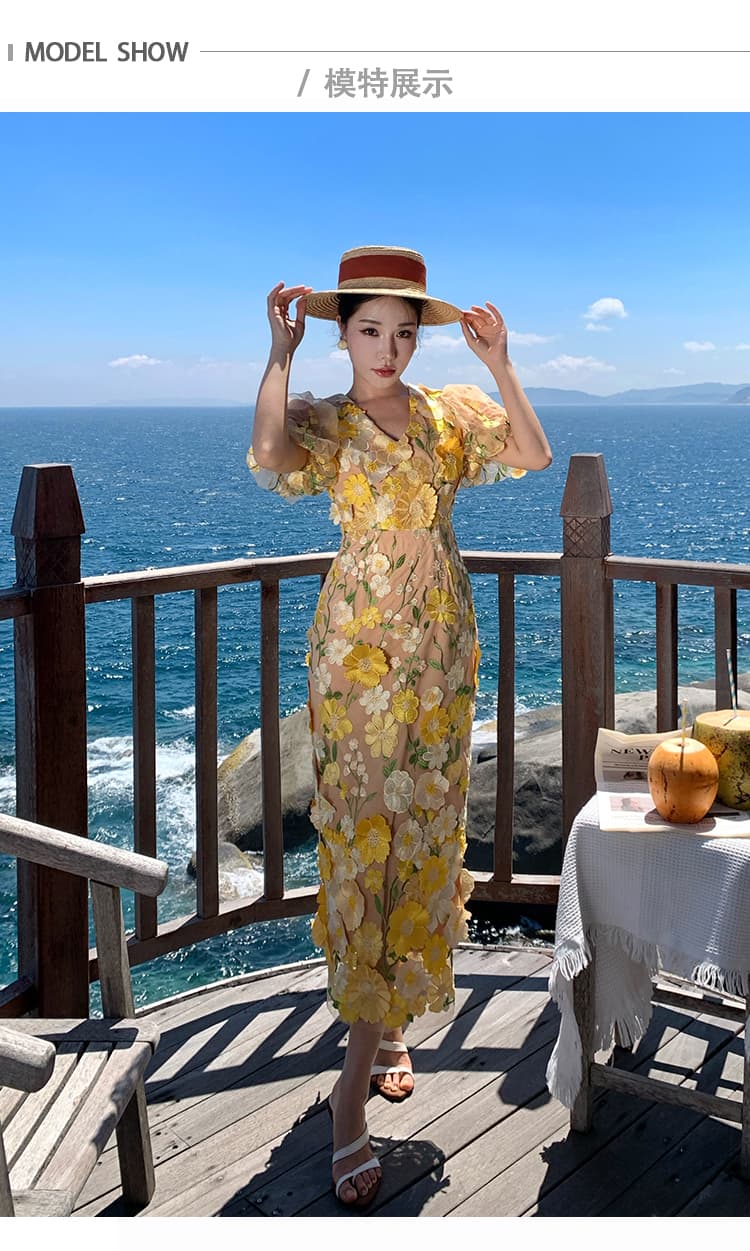 프랑스식 무거운 작업 3 차원 꽃 자수 드레스 욕망 순수한 거품 소매 휴가 롱 스커트 상세 이미지 9