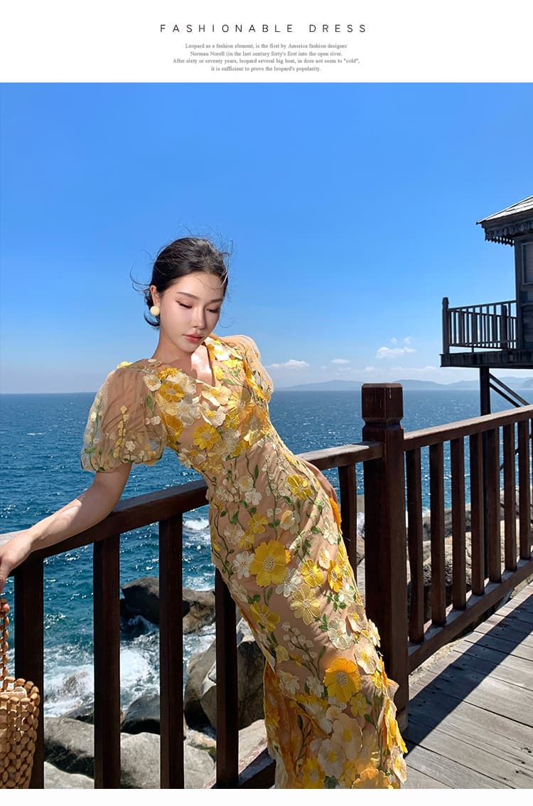 프랑스식 무거운 작업 3 차원 꽃 자수 드레스 욕망 순수한 거품 소매 휴가 롱 스커트 상세 이미지 13