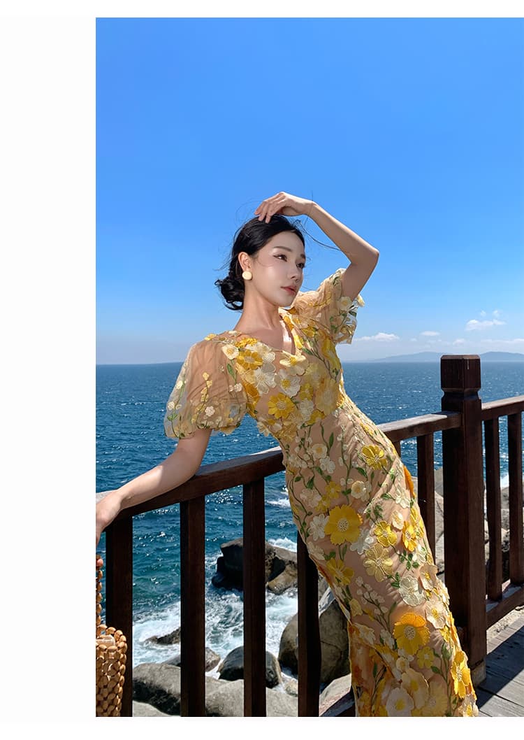 프랑스식 무거운 작업 3 차원 꽃 자수 드레스 욕망 순수한 거품 소매 휴가 롱 스커트 상세 이미지 15