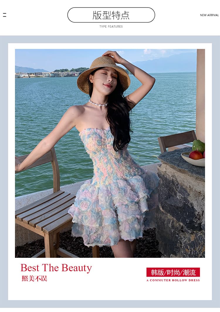 재고 상품 유럽과 미국 섹시함 미니 스커트 3 차원 꽃 디스크 꽃 명중 가져 가라. 허리 수축 몸매 가꾸기 프릴 튜브탑 예복 드레스 상세 이미지 2