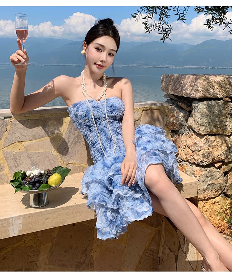 재고 상품 유럽과 미국 섹시함 미니 스커트 3 차원 꽃 디스크 꽃 명중 가져 가라. 허리 수축 몸매 가꾸기 프릴 튜브탑 예복 드레스 상세 이미지 26