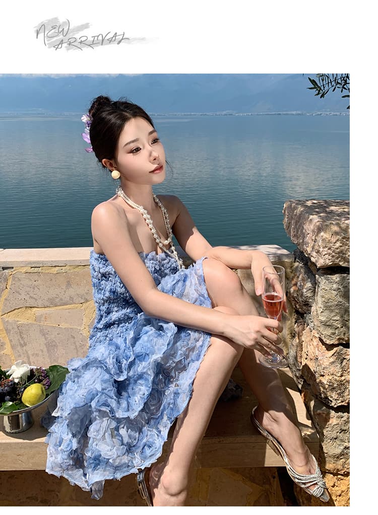 재고 상품 유럽과 미국 섹시함 미니 스커트 3 차원 꽃 디스크 꽃 명중 가져 가라. 허리 수축 몸매 가꾸기 프릴 튜브탑 예복 드레스 상세 이미지 31