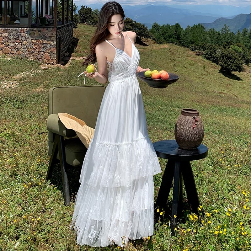 여단 슛 보헤미안 휴가 화이트 레이스 조각 백리스 큰 진자 드레스 휴가 롱 스커트 이미지 5