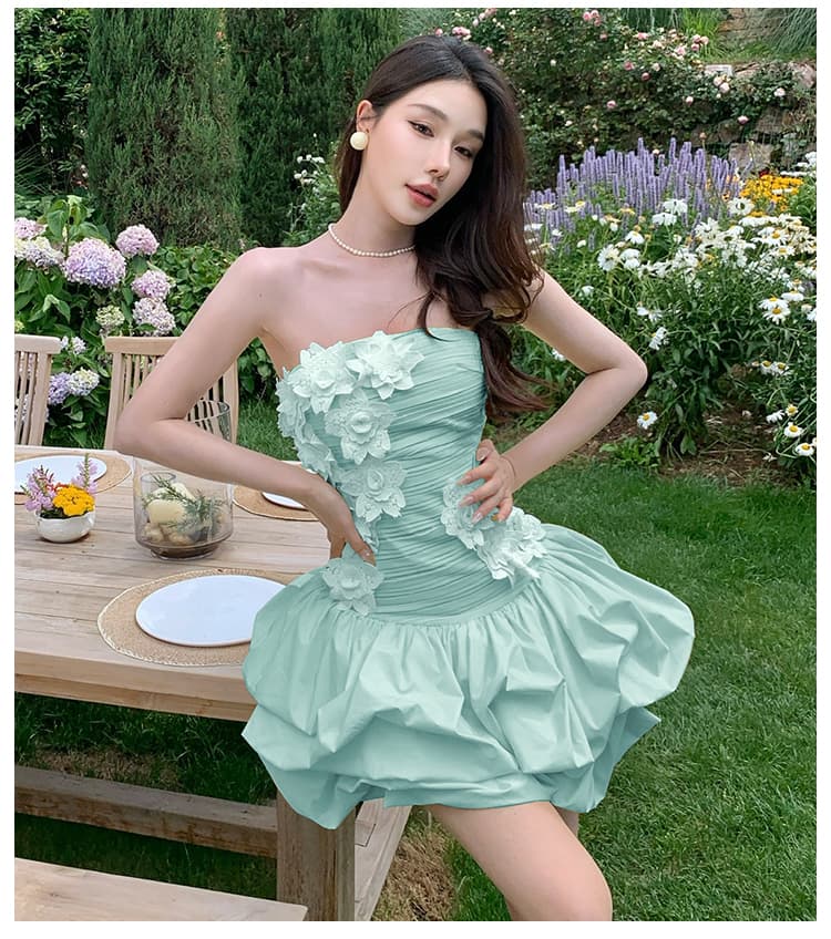 무거운 작업 3 차원 꽃 드레스 여름 해변가 휴가 바람 오프숄더 튜브탑 예복 치마 프릴 미니 스커트 상세 이미지 27