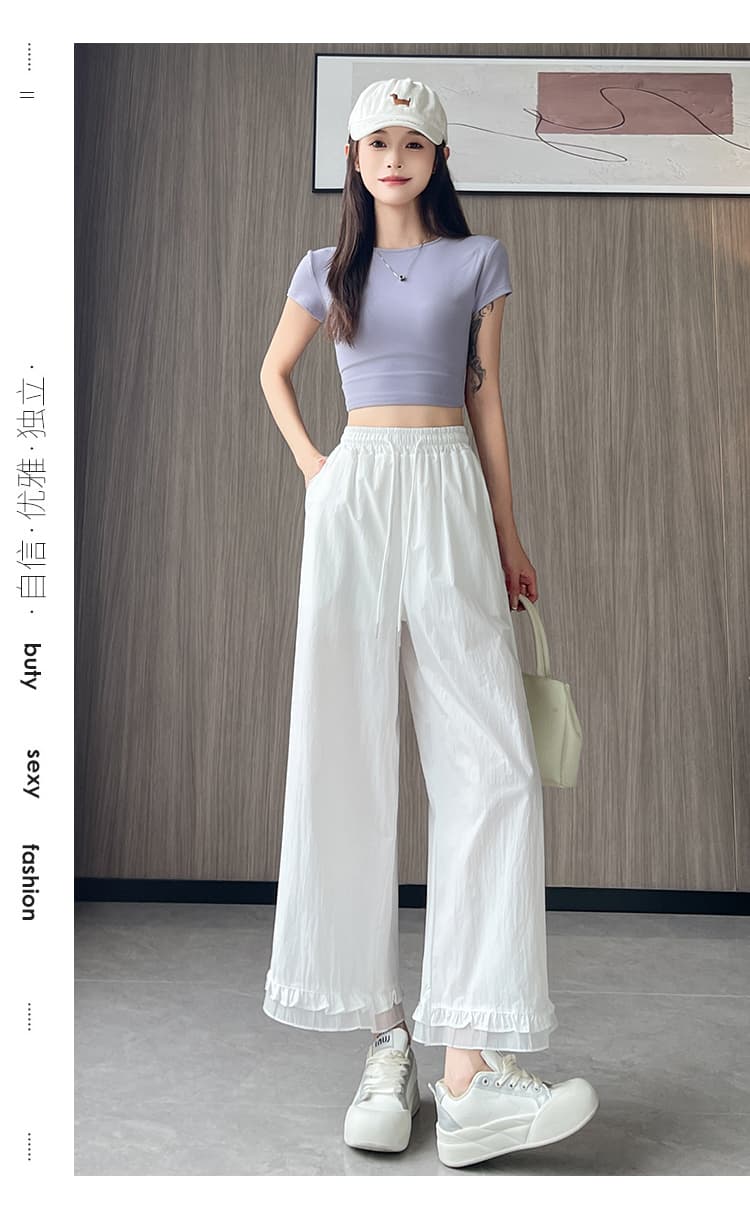 실사 얼음 실크 와이드 레깅스 바지 여름 얇은 스타일 작은 키 허리밴드 루즈핏 슬림해 보이는 프릴 9 포인트 스트레이트 팬츠 상세 이미지 49