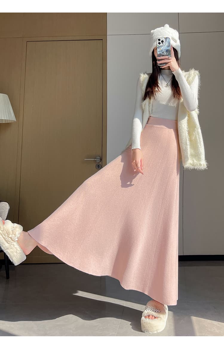 실사 니트 반신 스커트 여성 가을 겨울철 하이웨이스트 작은 키 한 마디 큰 진자 우산 치마 도루 센스 중간 길이 타이트 스커트 상세 이미지 34