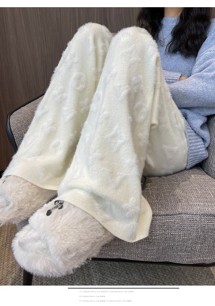 실사 밍크 플리스 자카드 와이드 레깅스 바지 가을 겨울 털이 있는 보온 니트 부드러운 찹쌀 바지 루즈핏 스트레이트 바닥 청소 바지 상세 이미지 59