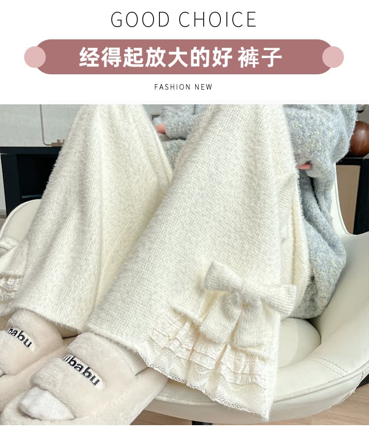 실사 나비 매듭 달콤함 스트레이트 캐주얼 바지 여성 찹쌀 바지 겨울 레이스 레이스 루즈핏 털이 있는 와이드 레그 팬츠 상세 이미지 13