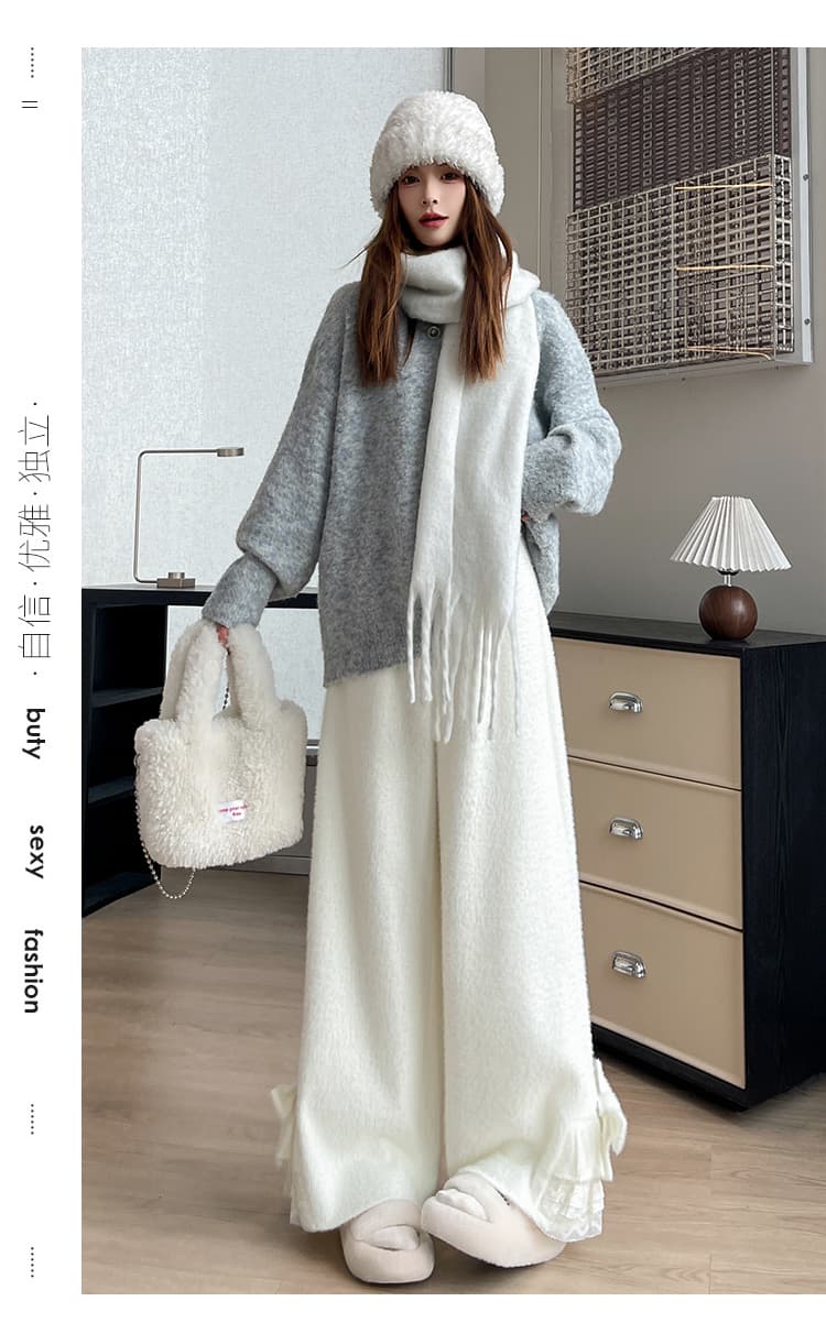 실사 나비 매듭 달콤함 스트레이트 캐주얼 바지 여성 찹쌀 바지 겨울 레이스 레이스 루즈핏 털이 있는 와이드 레그 팬츠 상세 이미지 21