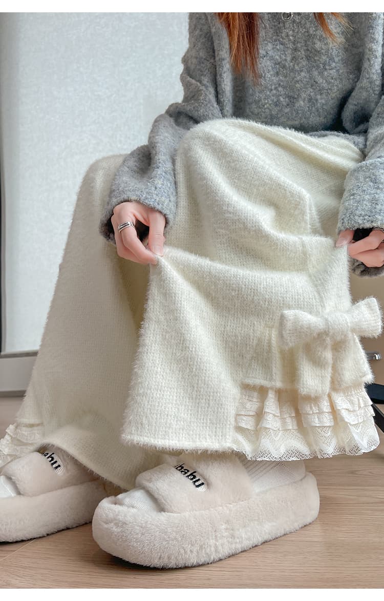 실사 나비 매듭 달콤함 스트레이트 캐주얼 바지 여성 찹쌀 바지 겨울 레이스 레이스 루즈핏 털이 있는 와이드 레그 팬츠 상세 이미지 36