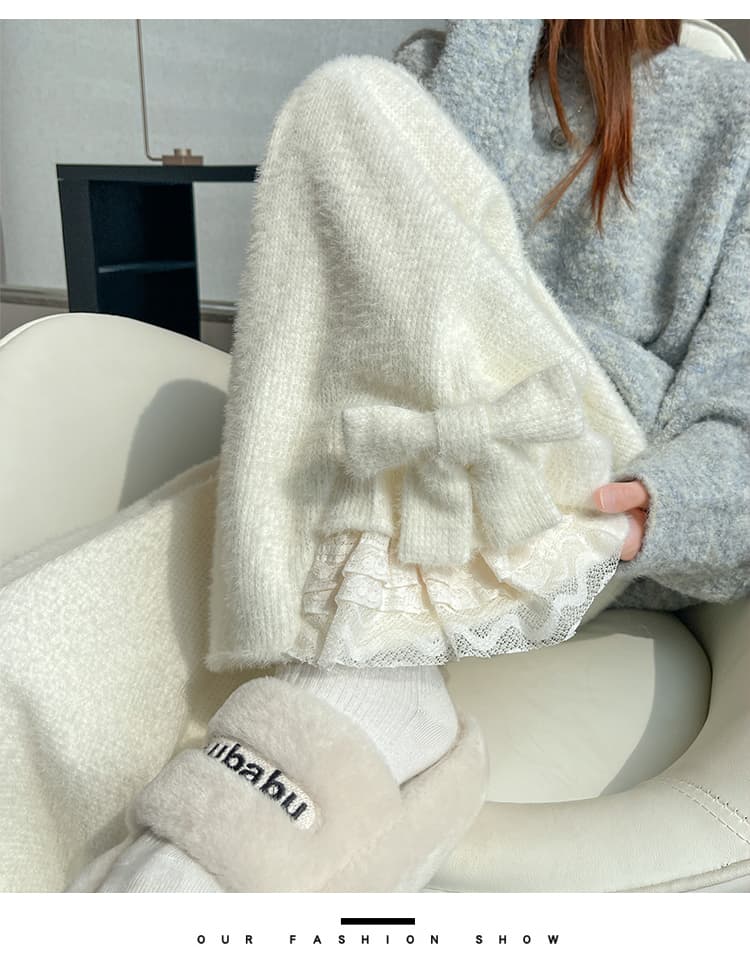 실사 나비 매듭 달콤함 스트레이트 캐주얼 바지 여성 찹쌀 바지 겨울 레이스 레이스 루즈핏 털이 있는 와이드 레그 팬츠 상세 이미지 37