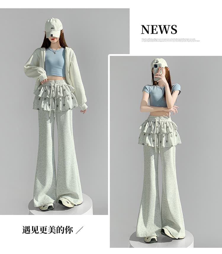 실사 한 부서 별 프릴 패치워크 와이드 레그 팬츠 2026 봄 새로운 미니멀리즘 슬림해 보이는 캐주얼 부츠컷 여성 상세 이미지 23