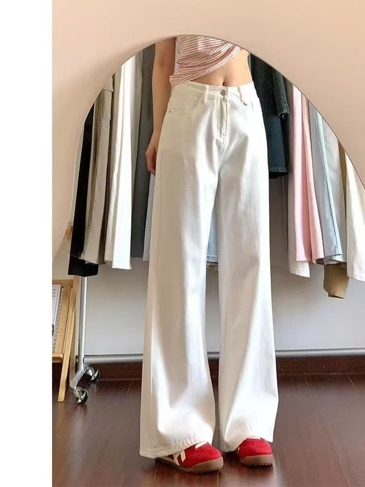 재고 상품 화이트 넓은 다리 청바지 여성 새로운 여름 하이웨이스트 슬림해 보이는 루즈핏 도루 센스 바닥 청소 스트레이트 팬츠 상세 이미지 2