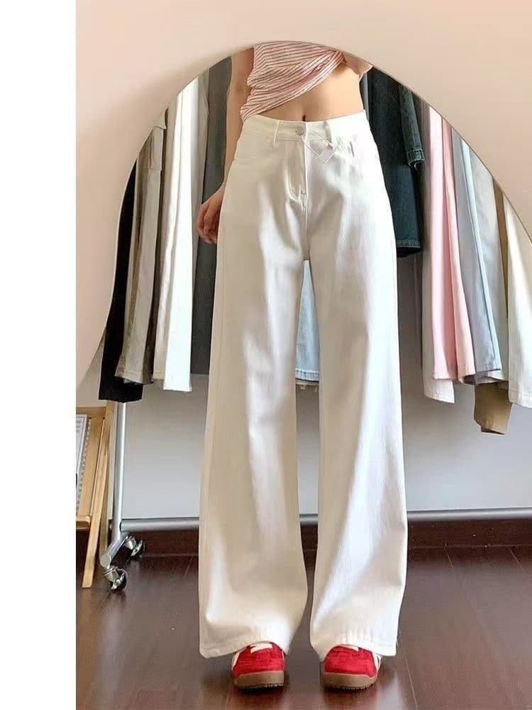 재고 상품 화이트 넓은 다리 청바지 여성 새로운 여름 하이웨이스트 슬림해 보이는 루즈핏 도루 센스 바닥 청소 스트레이트 팬츠 상세 이미지 4
