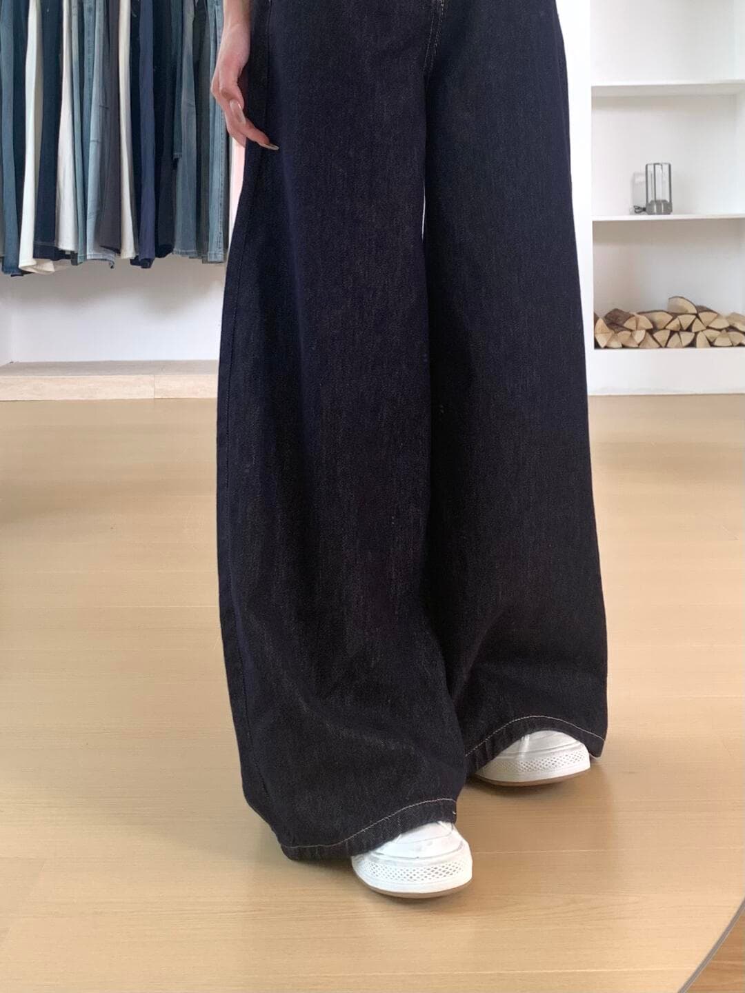 재고 상품 아메리칸 진한 파란색 워싱 청바지 와이드 레깅스 바지 하이웨이스트 루즈핏 스트레이트 팬츠 바닥 청소 바지 이미지 4