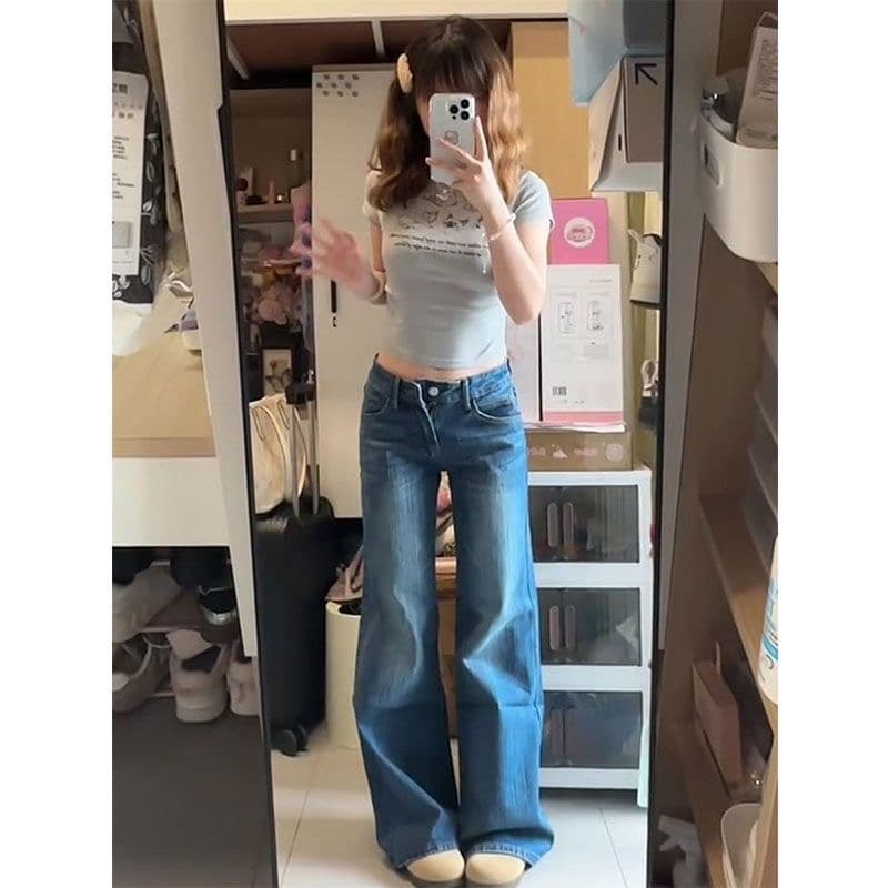 재고 상품 아메리칸 핫걸 로우 웨이스트 부츠컷 청바지 여성 여름 새로운 아니요 막대기 다리 루즈핏 나팔 긴 바지 이미지 3