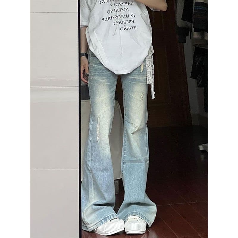 재고 상품 아메리칸 핫걸 레이스 측면 패치워크 부츠컷 청바지 여성 로우 웨이스트 슬림해 보이는 아니요 막대기 다리 호스 슈 바지 이미지 4