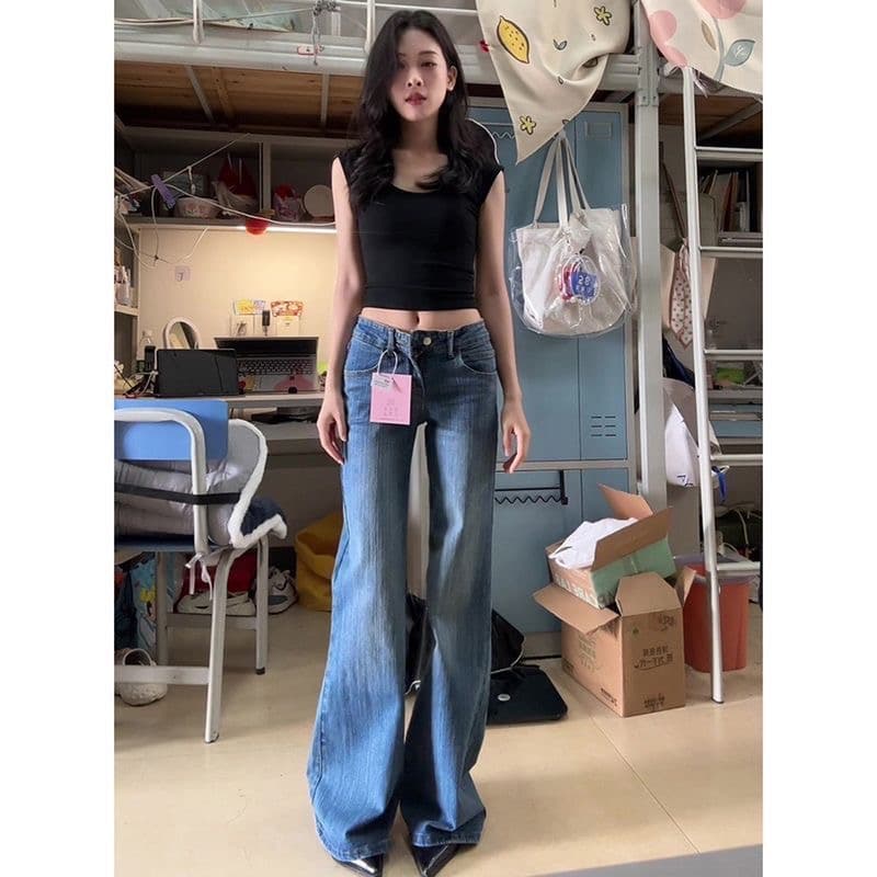 재고 상품 아메리칸 핫걸 로우 웨이스트 부츠컷 청바지 여성 여름 새로운 아니요 막대기 다리 루즈핏 나팔 긴 바지