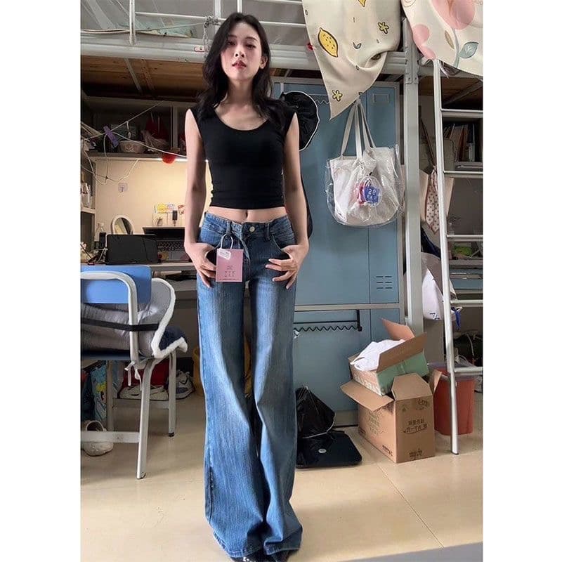 재고 상품 아메리칸 핫걸 로우 웨이스트 부츠컷 청바지 여성 여름 새로운 아니요 막대기 다리 루즈핏 나팔 긴 바지 상세 이미지 3
