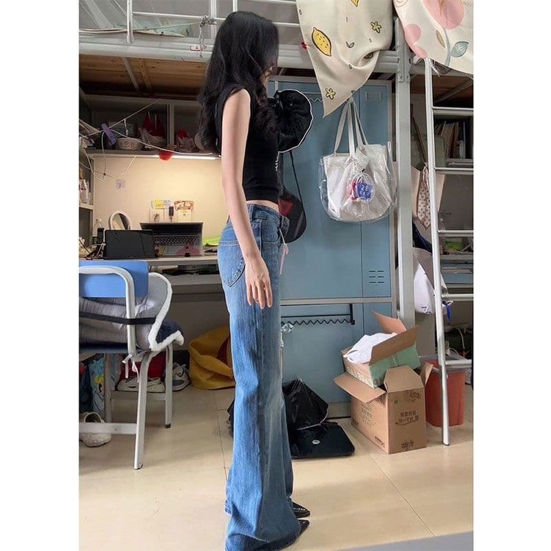 재고 상품 아메리칸 핫걸 로우 웨이스트 부츠컷 청바지 여성 여름 새로운 아니요 막대기 다리 루즈핏 나팔 긴 바지 상세 이미지 4