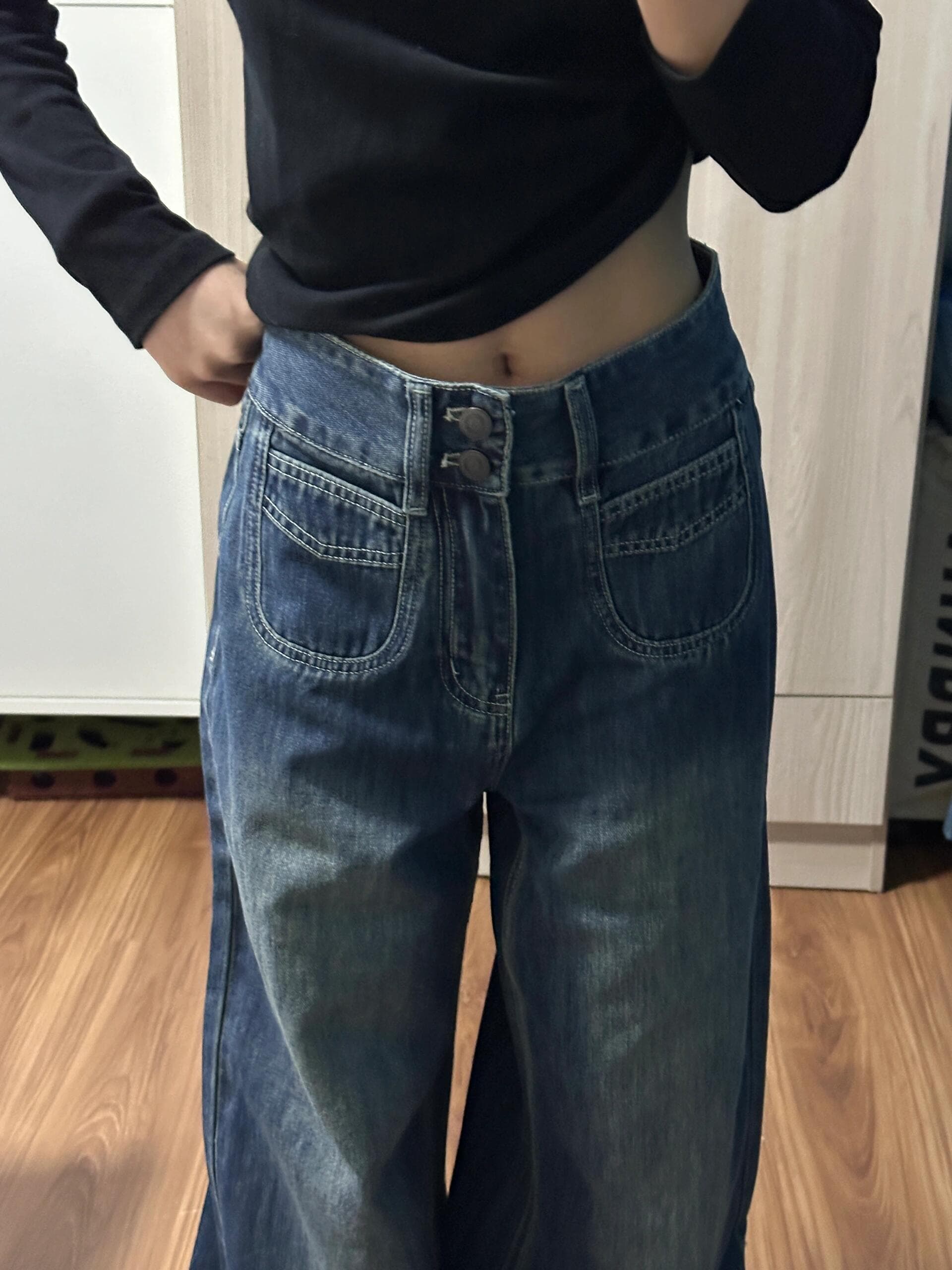 아메리칸 레트로 워싱 넓은 다리 부츠컷 청바지 여성 새로운 하이웨이스트 신축성 나팔 바닥 청소 바지 상세 이미지 3