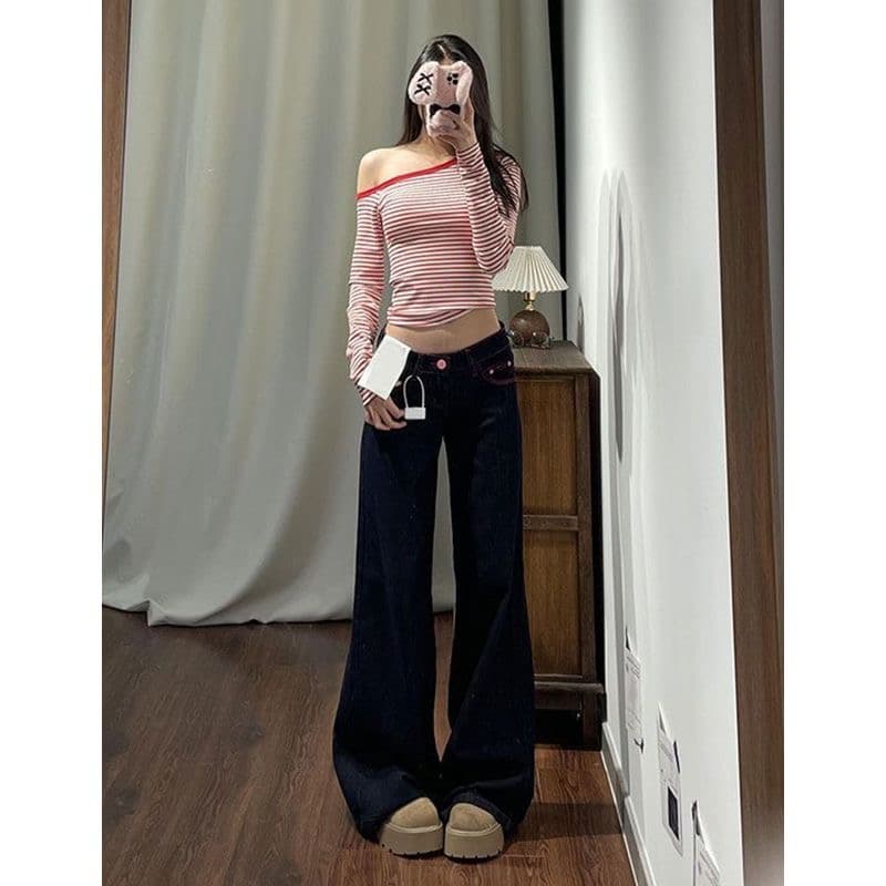 아메리칸 진한 파란색 디자인 센스 레트로 넓은 다리 청바지 여성 새로운 로우 웨이스트 슬림해 보이는 핫걸 스트레이트 바닥 청소 바지 상세 이미지 3
