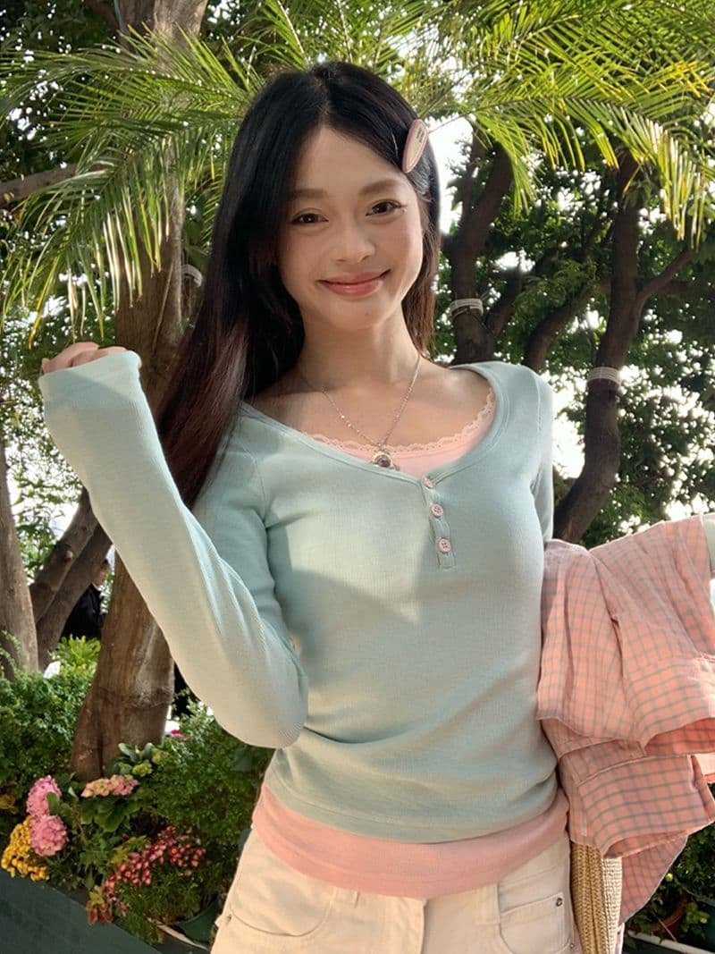 260 그램 사람들 면 모달 유럽 한 패션 디자인 패치워크 레이스 긴팔 티셔츠 여성 몸매 가꾸기 페이크 레이어드 기본 셔츠 상세 이미지 3