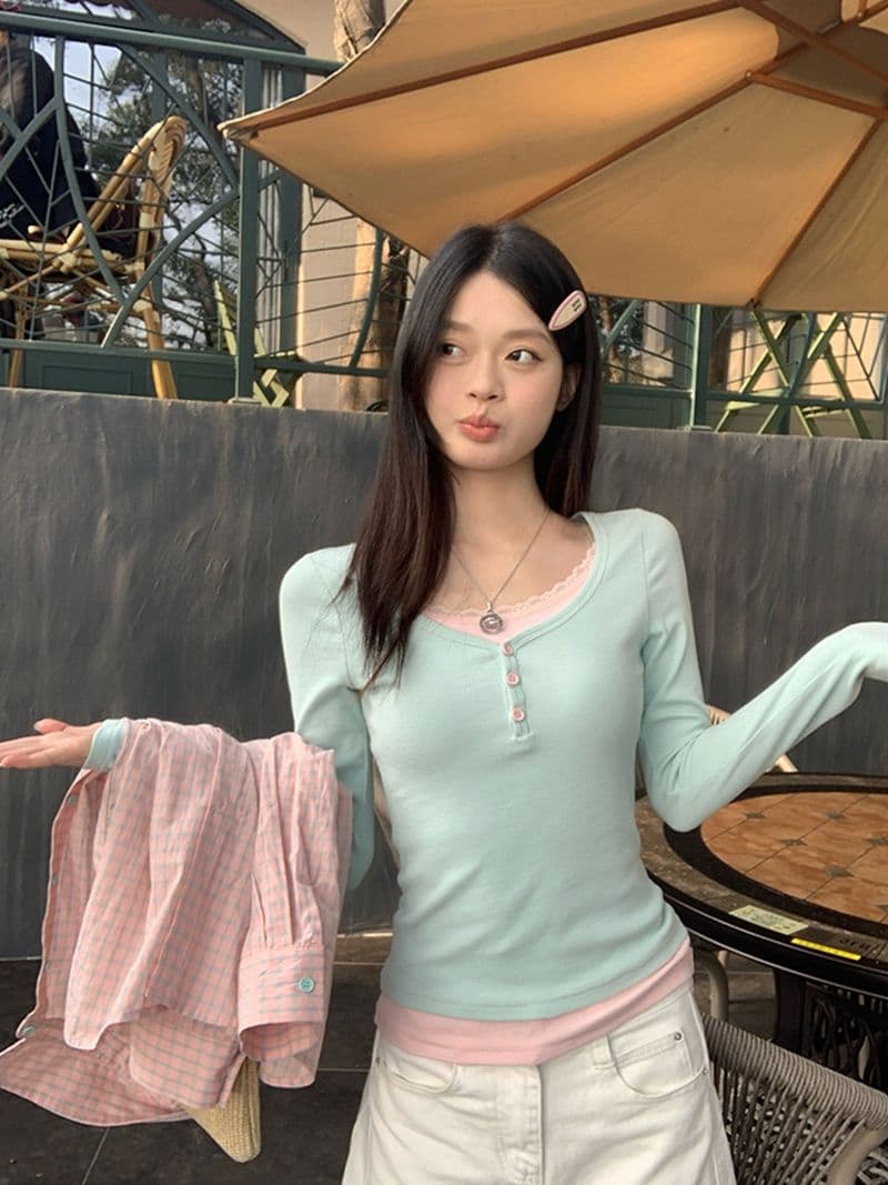260 그램 사람들 면 모달 유럽 한 패션 디자인 패치워크 레이스 긴팔 티셔츠 여성 몸매 가꾸기 페이크 레이어드 기본 셔츠 상세 이미지 4