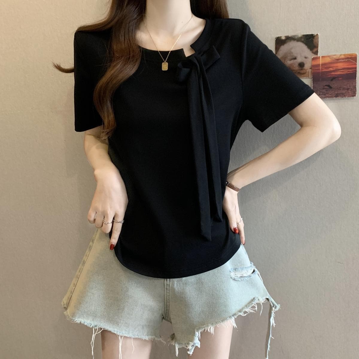 92 면 경기 징 면 반팔 티셔츠 여성 여름 캐주얼 단색 몸매 가꾸기 디자인 섹션 여성 의류 맨위 트렌디 200 kg 상세 이미지 3