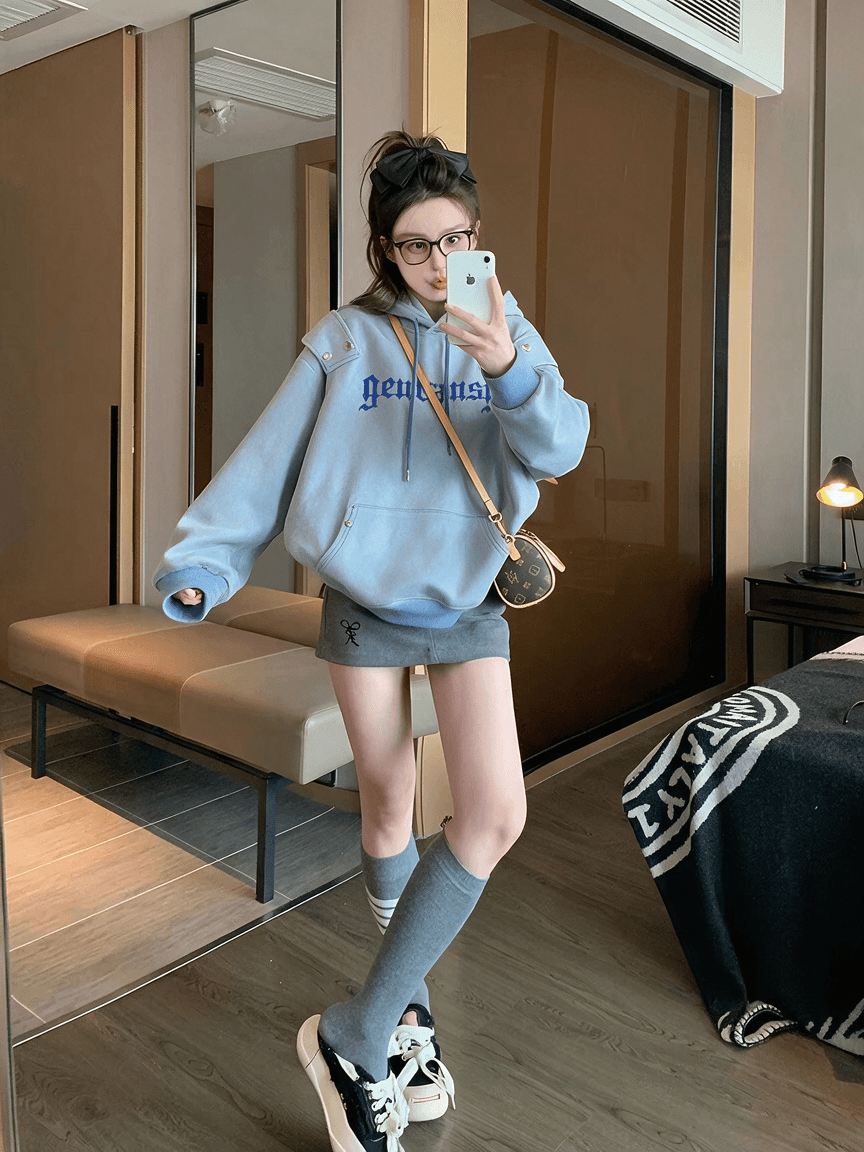 파란색 스웨이드 원단 검정색 후아 면 복합 원단 후드티 남녀 커플 섹션 빅 사이즈 후드 상세 이미지 3