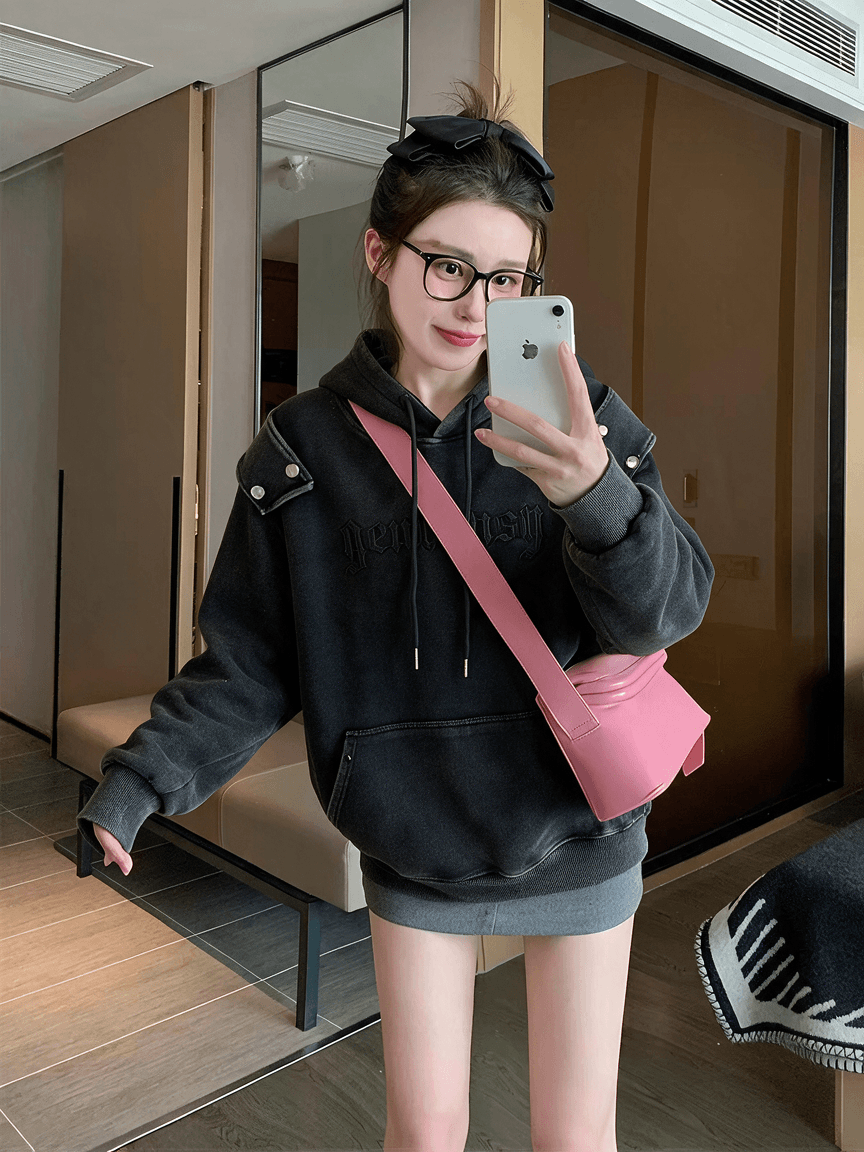 파란색 스웨이드 원단 검정색 후아 면 복합 원단 후드티 남녀 커플 섹션 빅 사이즈 후드 상세 이미지 9