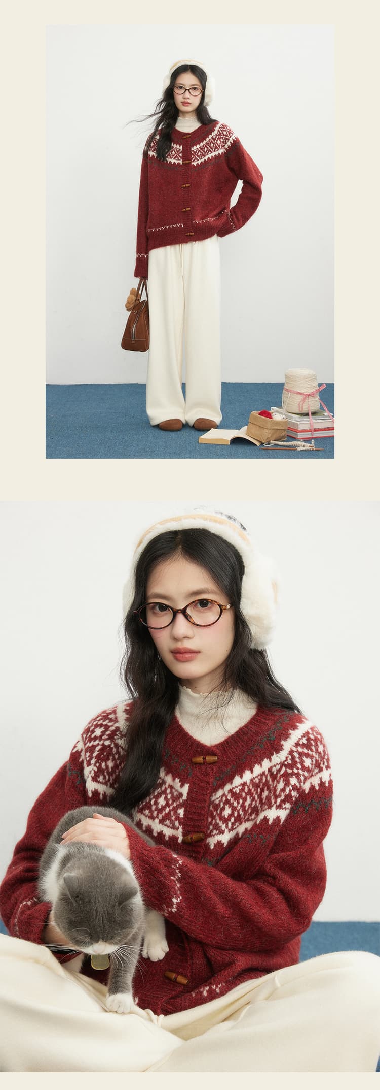 경관 그림 크리스마스 바람 공정한 섬 자카드 스웨터 여자 소뿔 버클 베이지 색 오픈 가디건 가을 겨울 새로운 2025 년 상세 이미지 10