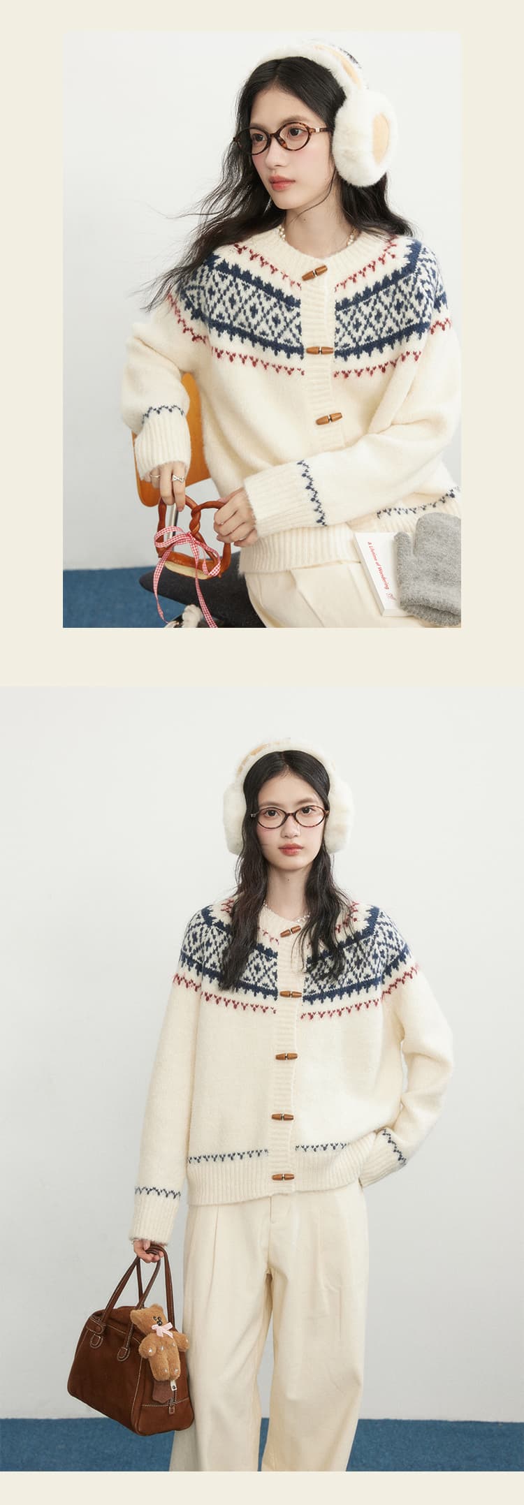 경관 그림 크리스마스 바람 공정한 섬 자카드 스웨터 여자 소뿔 버클 베이지 색 오픈 가디건 가을 겨울 새로운 2025 년 상세 이미지 14