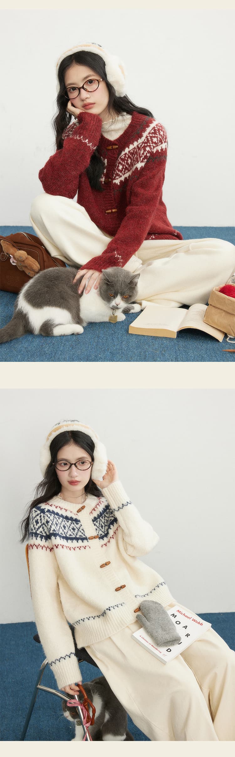 경관 그림 크리스마스 바람 공정한 섬 자카드 스웨터 여자 소뿔 버클 베이지 색 오픈 가디건 가을 겨울 새로운 2025 년 상세 이미지 16