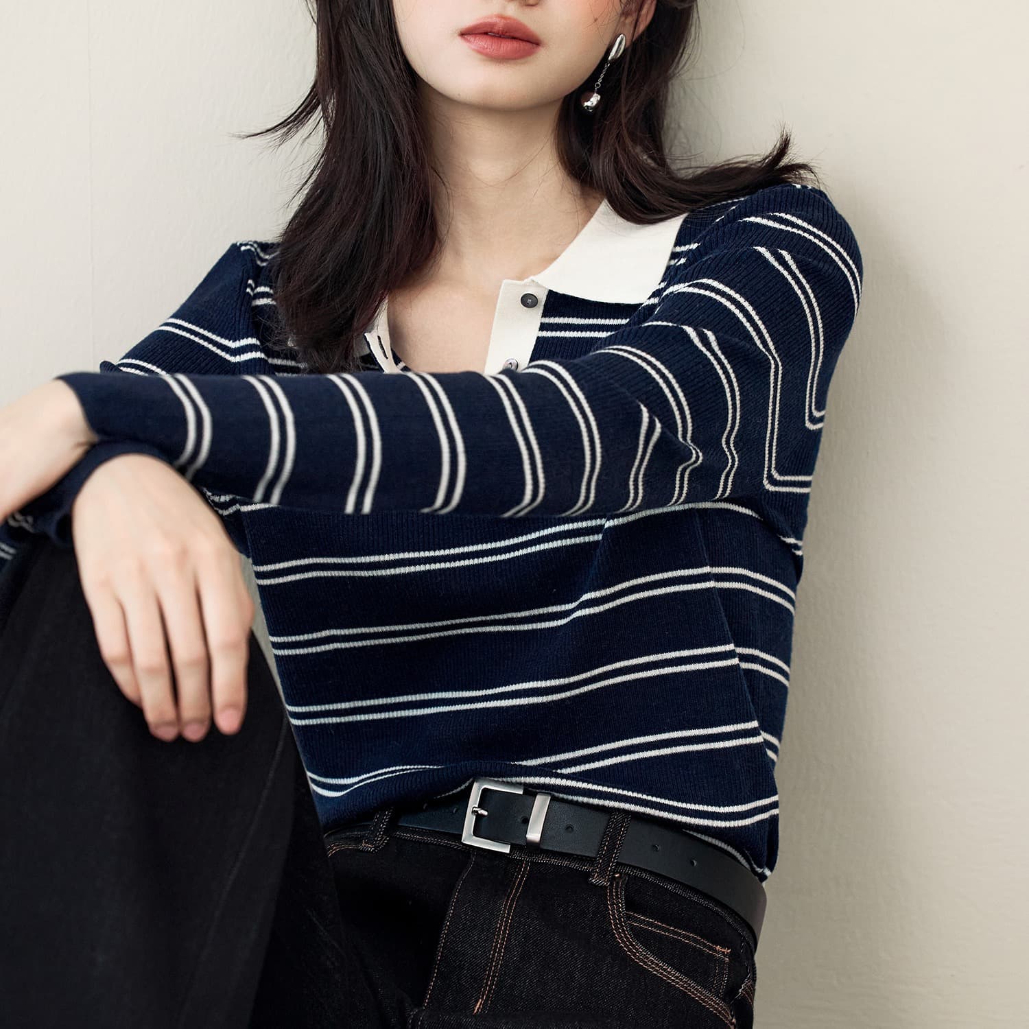 경관 그림 장 신화 추천 양모 POLO 칼라 배색 높음 지혜 센스 스트라이프 니트 스웨터 2025 가을 새로운 맨위 이미지 5