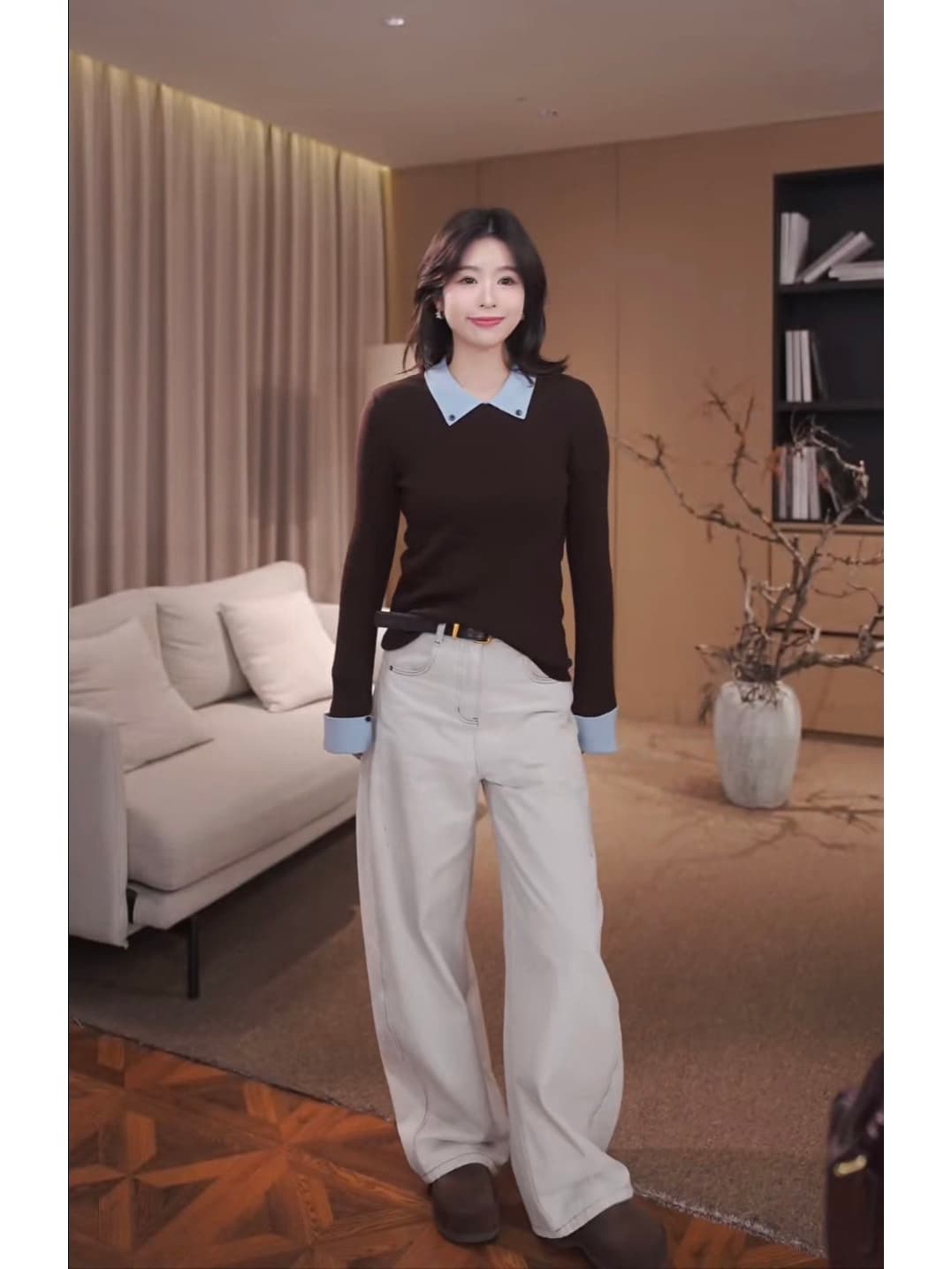 榛 과일 안개 블루 양모 패션 폴로 칼라 만나는 패치워크 색상 니트 스웨터 여성 2025 가을과 겨울