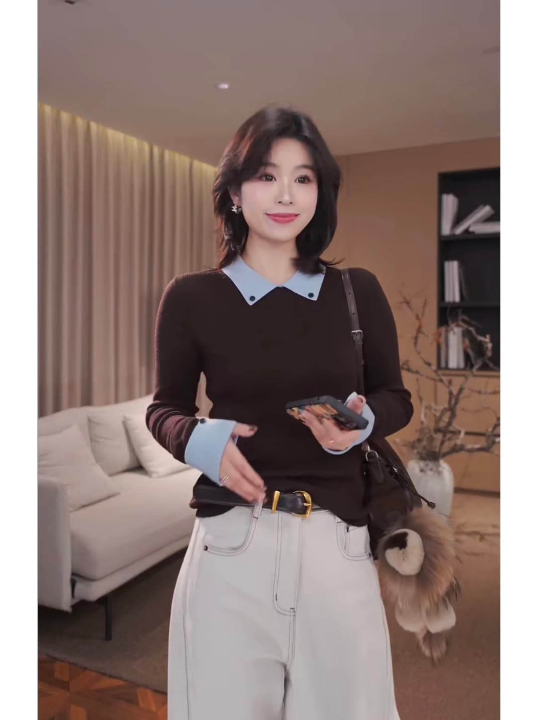 榛 과일 안개 블루 양모 패션 폴로 칼라 만나는 패치워크 색상 니트 스웨터 여성 2025 가을과 겨울 상세 이미지 5