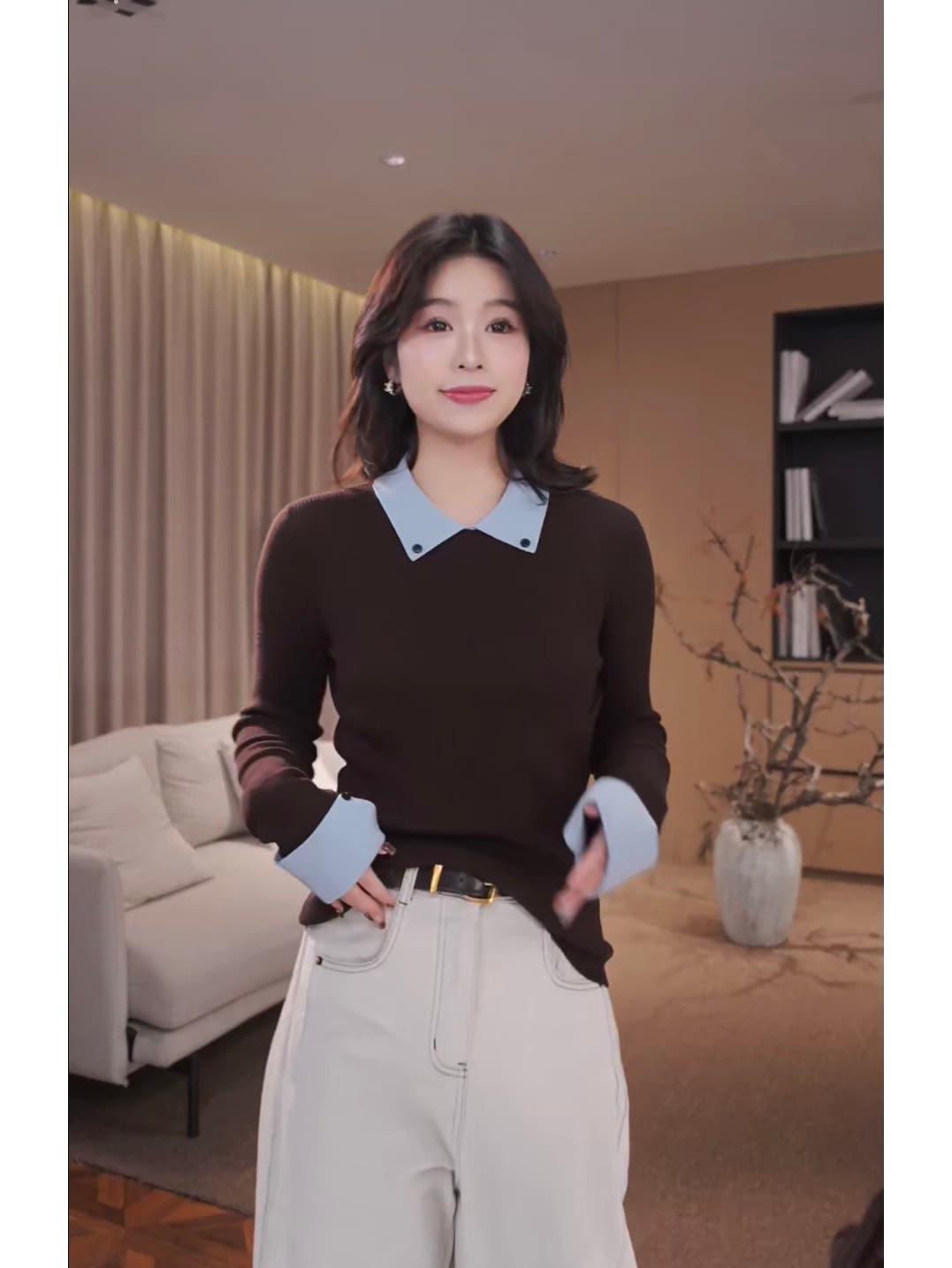 榛 과일 안개 블루 양모 패션 폴로 칼라 만나는 패치워크 색상 니트 스웨터 여성 2025 가을과 겨울 상세 이미지 7