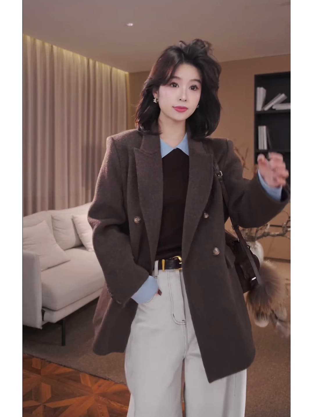 榛 과일 안개 블루 양모 패션 폴로 칼라 만나는 패치워크 색상 니트 스웨터 여성 2025 가을과 겨울 상세 이미지 9