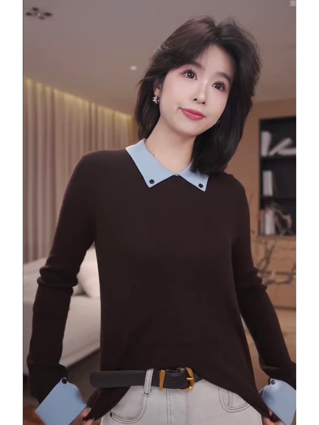 榛 과일 안개 블루 양모 패션 폴로 칼라 만나는 패치워크 색상 니트 스웨터 여성 2025 가을과 겨울 상세 이미지 12