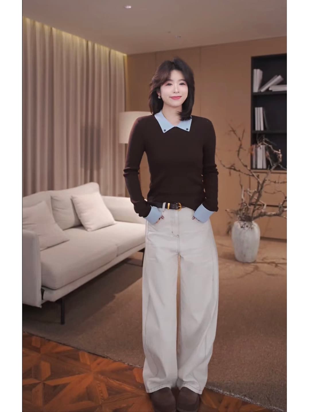 榛 과일 안개 블루 양모 패션 폴로 칼라 만나는 패치워크 색상 니트 스웨터 여성 2025 가을과 겨울 상세 이미지 17