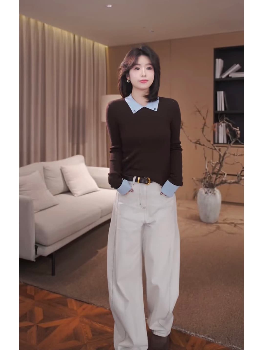 榛 과일 안개 블루 양모 패션 폴로 칼라 만나는 패치워크 색상 니트 스웨터 여성 2025 가을과 겨울 상세 이미지 18