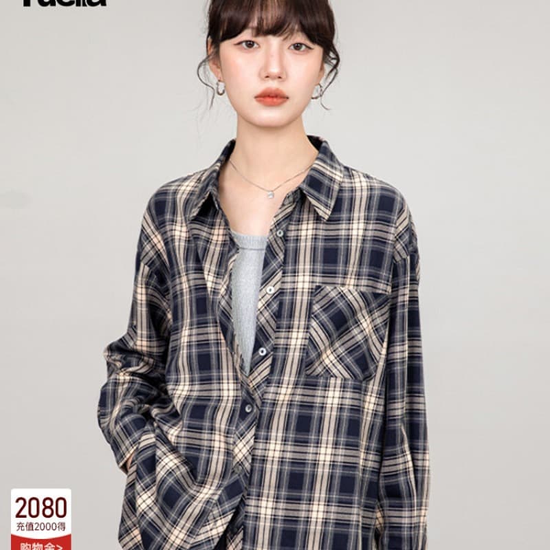2026 봄 계절 새로운 우아한 악당 바람 셔츠 루즈핏 자외선 차단 폴로 칼라 체크무늬 셔츠 체크무늬 맨위 얇고 가벼운 여성 이미지 5