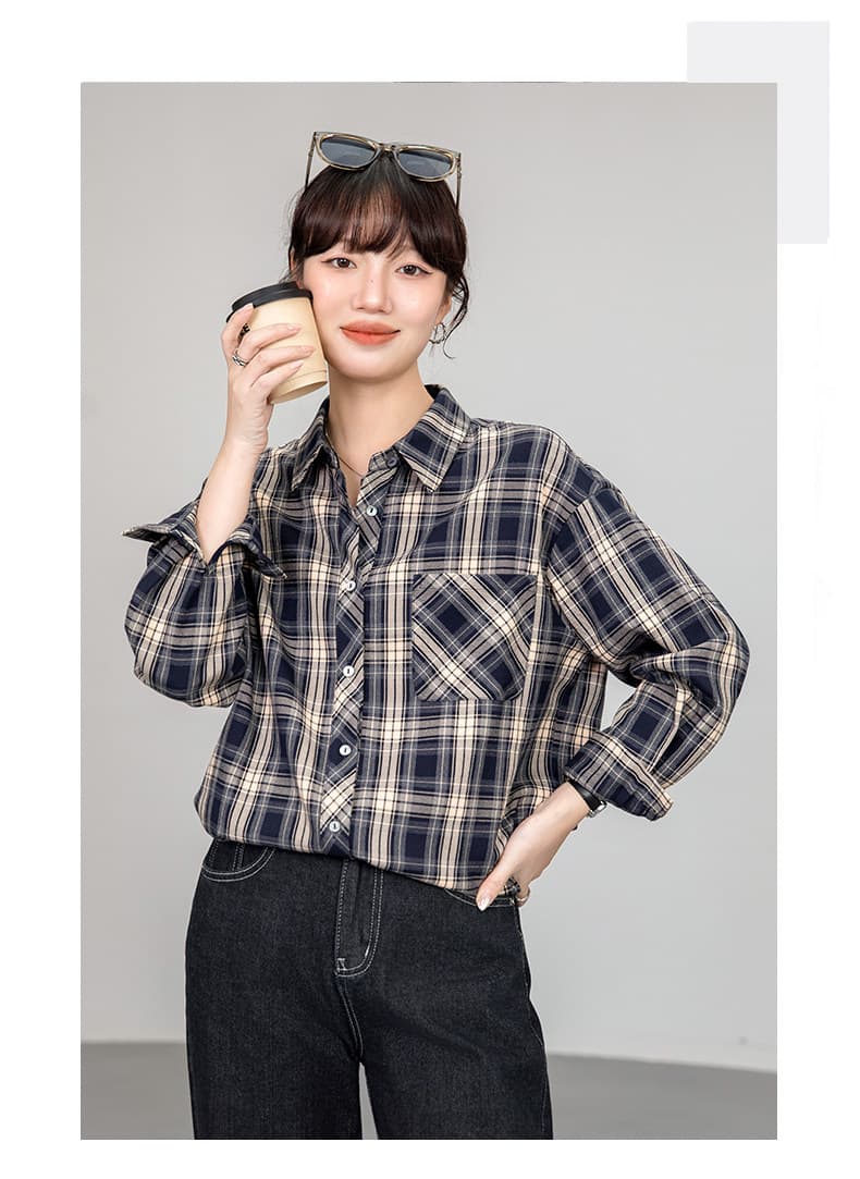 2026 봄 계절 새로운 우아한 악당 바람 셔츠 루즈핏 자외선 차단 폴로 칼라 체크무늬 셔츠 체크무늬 맨위 얇고 가벼운 여성 상세 이미지 6