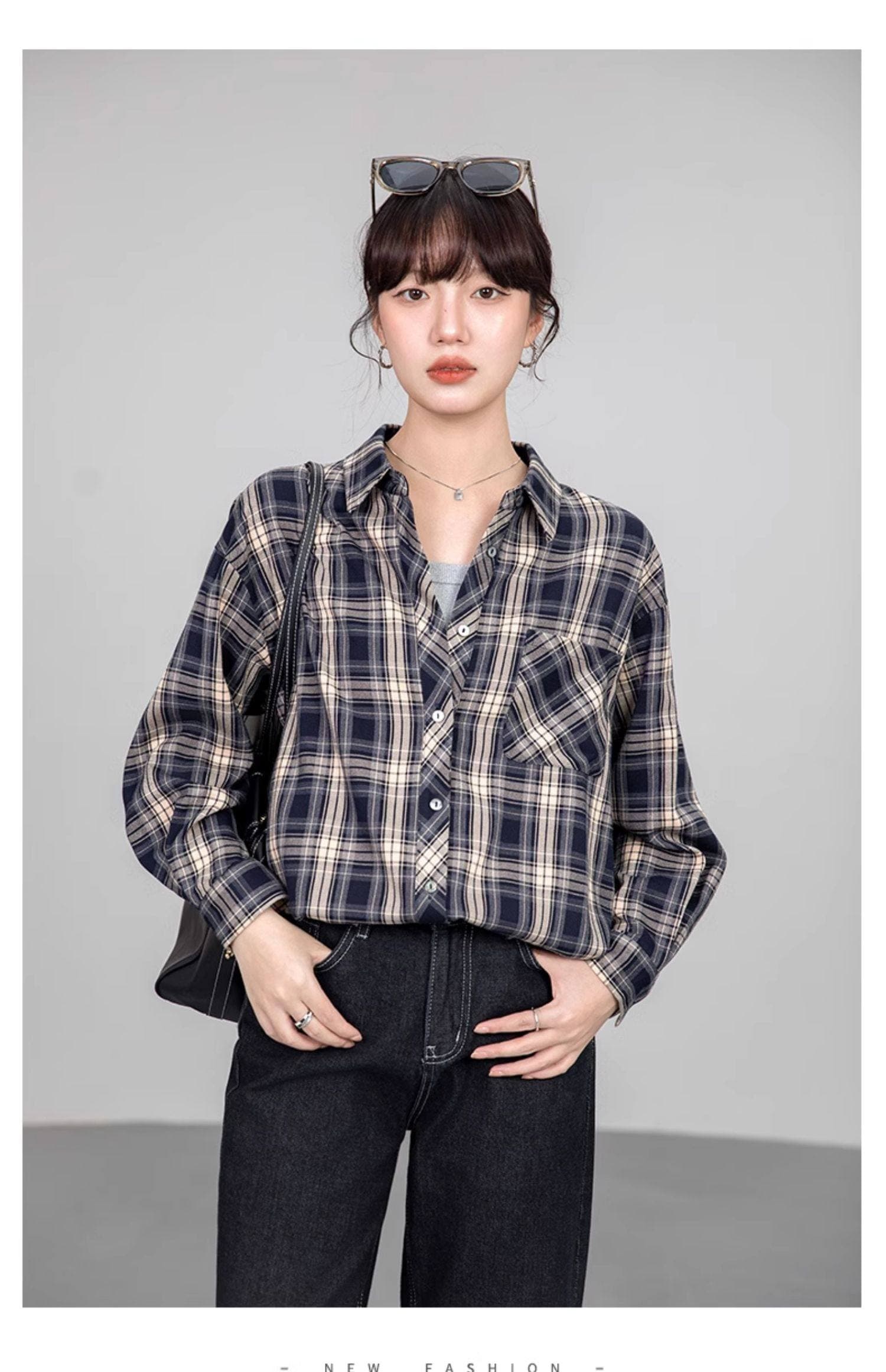 2026 봄 계절 새로운 우아한 악당 바람 셔츠 루즈핏 자외선 차단 폴로 칼라 체크무늬 셔츠 체크무늬 맨위 얇고 가벼운 여성 상세 이미지 12