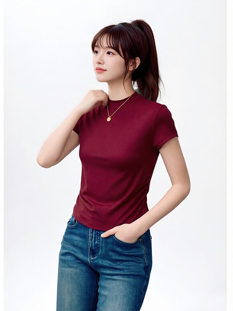 실사 라이 경기 서울 2026 봄 새로운 티셔츠 반하이넥 긍정적 인 어깨 반팔 맨위 만나는 몸매 가꾸기 화이트 동정 이미지 3
