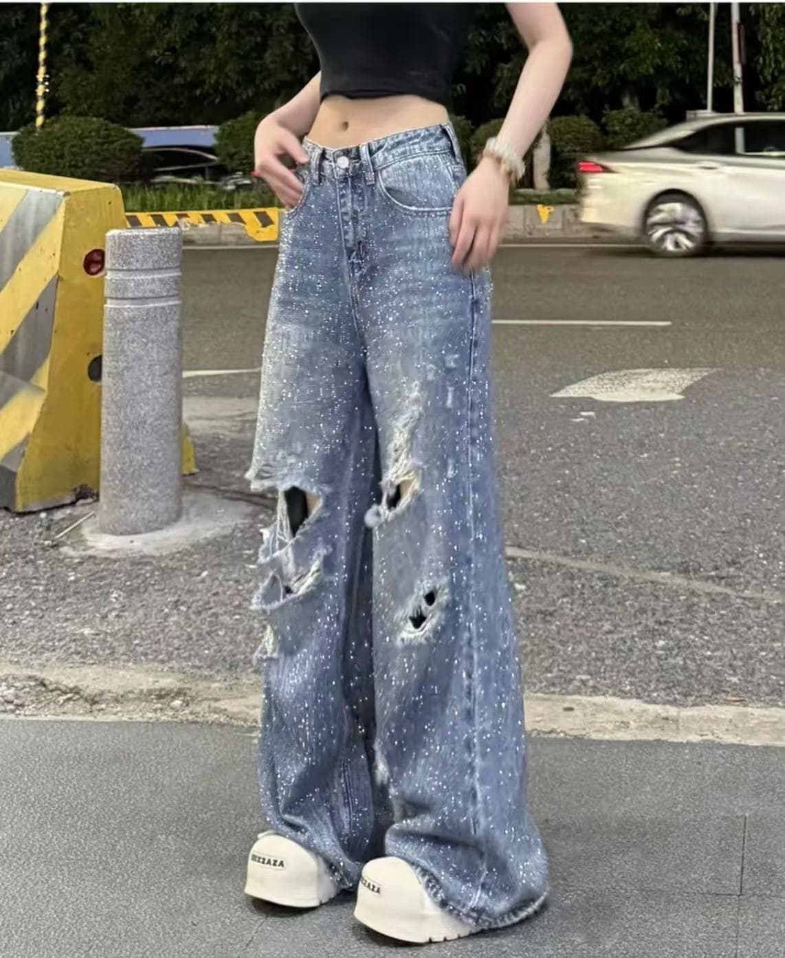 폭발 플래시 찢어진 부분 섹션 디자인 전체 훈련 다용도 디자인 청바지 반짝임 찢어진 부분 중 하이 웨이스트 청바지 상세 이미지 1