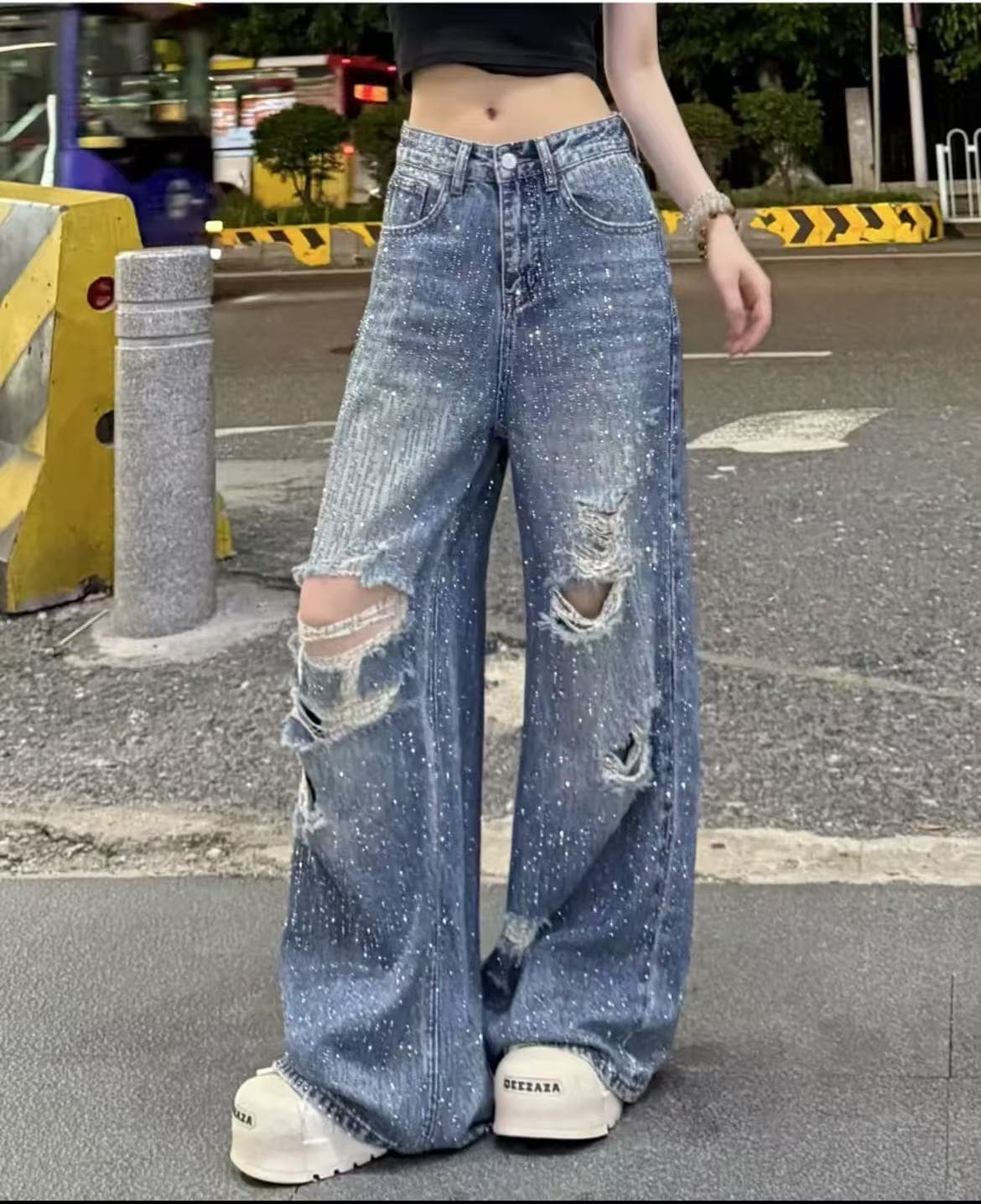 폭발 플래시 찢어진 부분 섹션 디자인 전체 훈련 다용도 디자인 청바지 반짝임 찢어진 부분 중 하이 웨이스트 청바지 이미지 2